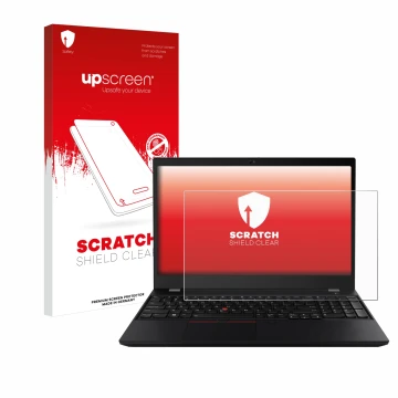 Face avant d’un emballage produit avec le logo de la marque upscreen. À côté, l’appareil Lenovo ThinkPad T15 est représenté av
