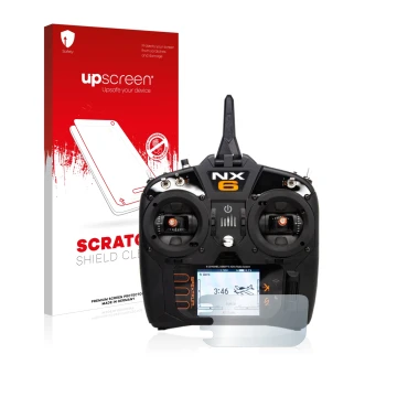 Face avant d’un emballage produit avec le logo de la marque upscreen. À côté, l’appareil Spektrum NX6 est représenté avec la p