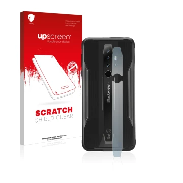 Face avant d’un emballage produit avec le logo de la marque upscreen. À côté, l’appareil Blackview BV6300 Pro (Caméra UNIQUEME