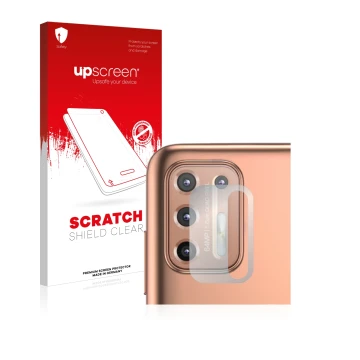 Face avant d’un emballage produit avec le logo de la marque upscreen. À côté, l’appareil Motorola Moto G9 Plus (Caméra UNIQUEM