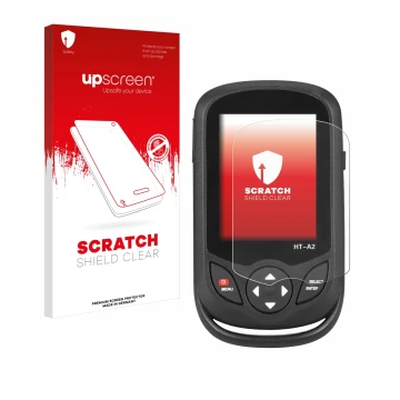Face avant d’un emballage produit avec le logo de la marque upscreen. À côté, l’appareil Hti HT A2 est représenté avec la prot