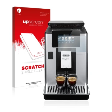 Face avant d’un emballage produit avec le logo de la marque upscreen. À côté, l’appareil DeLonghi PrimaDonna Soul ECAM610.55.S