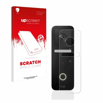 Face avant d’un emballage produit avec le logo de la marque upscreen. À côté, l’appareil Logitech Circle View Doorbell est rep