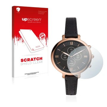 Face avant d’un emballage produit avec le logo de la marque upscreen. À côté, l’appareil Fossil Monroe Hybrid HR est représent