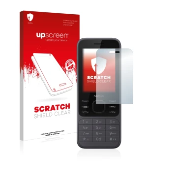 Face avant d’un emballage produit avec le logo de la marque upscreen. À côté, l’appareil Nokia 6300 2020 est représenté avec l