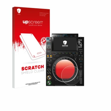 Face avant d’un emballage produit avec le logo de la marque upscreen. À côté, l’appareil Pioneer CDJ 3000 (Cercle) est représe