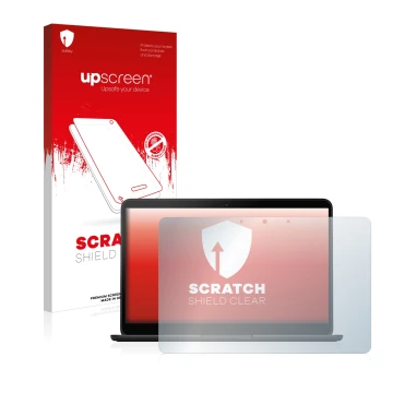 Face avant d’un emballage produit avec le logo de la marque upscreen. À côté, l’appareil Google Pixelbook Go 13.3