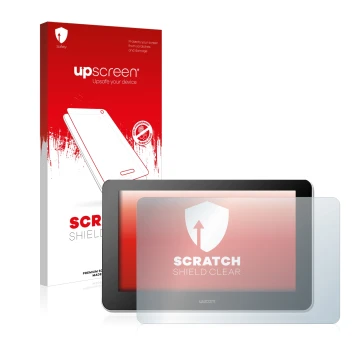 Face avant d’un emballage produit avec le logo de la marque upscreen. À côté, l’appareil Wacom One Creative Pen Display est re