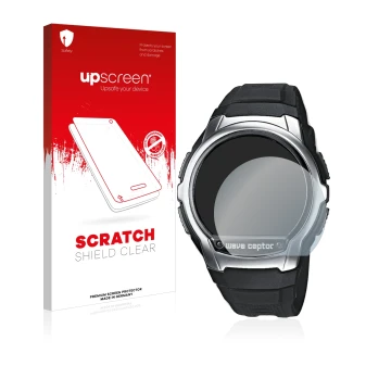 Face avant d’un emballage produit avec le logo de la marque upscreen. À côté, l’appareil Casio Wave Ceptor WV-58 est représent