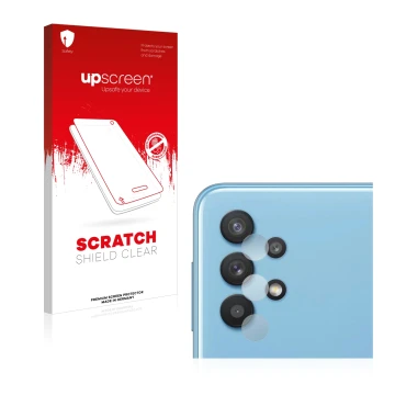 Face avant d’un emballage produit avec le logo de la marque upscreen. À côté, l’appareil Samsung Galaxy A32 5G (Caméra UNIQUEM