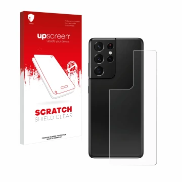 Face avant d’un emballage produit avec le logo de la marque upscreen. À côté, l’appareil Samsung Galaxy S21 Ultra 5G (Arrière)
