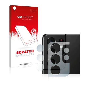 Face avant d’un emballage produit avec le logo de la marque upscreen. À côté, l’appareil Samsung Galaxy S21 Ultra 5G (Caméra U