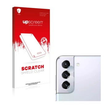 Face avant d’un emballage produit avec le logo de la marque upscreen. À côté, l’appareil Samsung Galaxy S21 5G (Caméra UNIQUEM