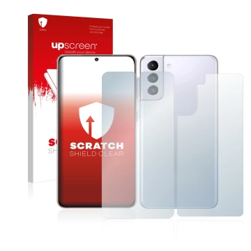 Face avant d’un emballage produit avec le logo de la marque upscreen. À côté, l’appareil Samsung Galaxy S21 5G (Avant+Arrière)