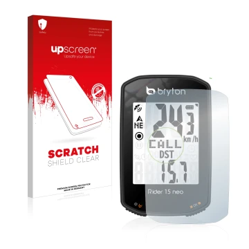 Face avant d’un emballage produit avec le logo de la marque upscreen. À côté, l’appareil Bryton Rider 15 neo est représenté av