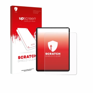 Face avant d’un emballage produit avec le logo de la marque upscreen. À côté, l’appareil Apple iPad Pro 12.9