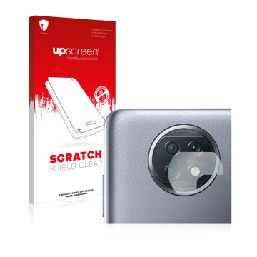 Face avant d’un emballage produit avec le logo de la marque upscreen. À côté, l’appareil Xiaomi Redmi Note 9T 5G (Caméra UNIQU