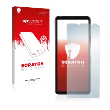 Face avant d’un emballage produit avec le logo de la marque upscreen. À côté, l’appareil Sony Xperia 10 III est représenté ave