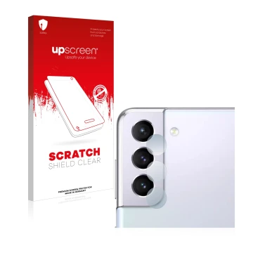 Face avant d’un emballage produit avec le logo de la marque upscreen. À côté, l’appareil Samsung Galaxy S21 (Caméra UNIQUEMENT