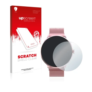 Face avant d’un emballage produit avec le logo de la marque upscreen. À côté, l’appareil Bebinca Smartwatch est représenté ave