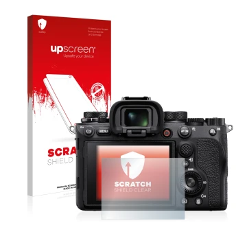 Face avant d’un emballage produit avec le logo de la marque upscreen. À côté, l’appareil Sony Alpha 1 est représenté avec la p