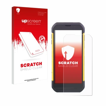 Face avant d’un emballage produit avec le logo de la marque upscreen. À côté, l’appareil Cipherlab RS35 est représenté avec la