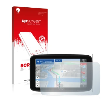 Face avant d’un emballage produit avec le logo de la marque upscreen. À côté, l’appareil TomTom GO Discover 6