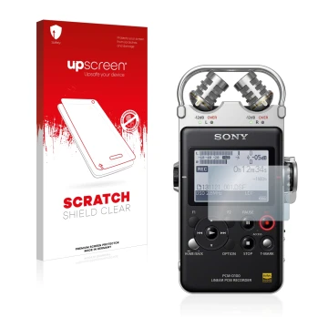 Face avant d’un emballage produit avec le logo de la marque upscreen. À côté, l’appareil Sony PCM D100 est représenté avec la 