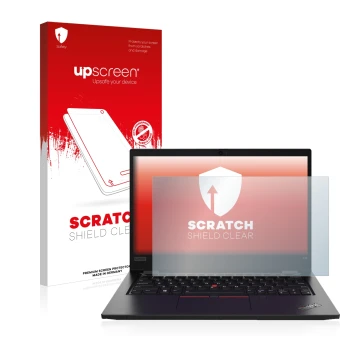 Face avant d’un emballage produit avec le logo de la marque upscreen. À côté, l’appareil Lenovo ThinkPad L13 Gen 2 est représe