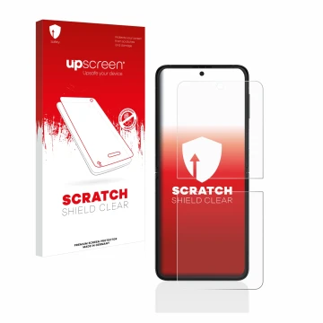Face avant d’un emballage produit avec le logo de la marque upscreen. À côté, l’appareil Samsung Galaxy Z Flip 3 5G est représ