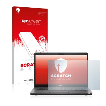 Face avant d’un emballage produit avec le logo de la marque upscreen. À côté, l’appareil Dell Latitude 5410 est représenté ave