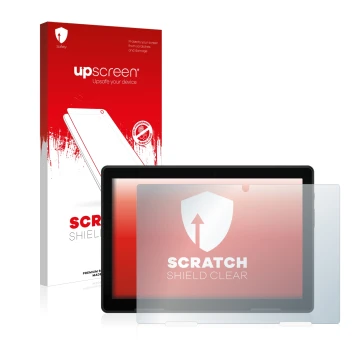 Face avant d’un emballage produit avec le logo de la marque upscreen. À côté, l’appareil MEDION Lifetab E10802 est représenté 
