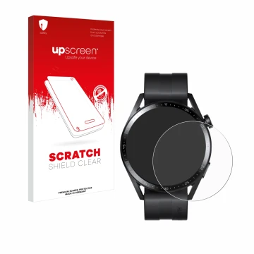 Face avant d’un emballage produit avec le logo de la marque upscreen. À côté, l’appareil Huawei Watch GT 3 (46 mm) est représe