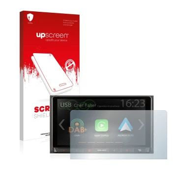 Face avant d’un emballage produit avec le logo de la marque upscreen. À côté, l’appareil Zenec Z-N528 est représenté avec la p