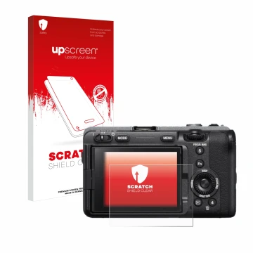 Face avant d’un emballage produit avec le logo de la marque upscreen. À côté, l’appareil Sony FX3 est représenté avec la prote