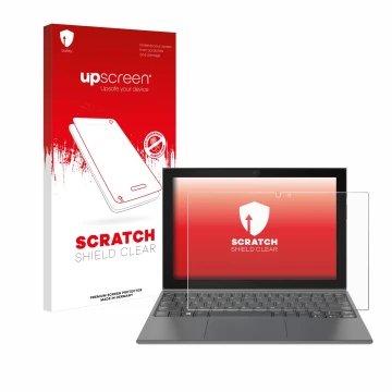 Face avant d’un emballage produit avec le logo de la marque upscreen. À côté, l’appareil Lenovo IdeaPad Duet 3 10IGL5-LTE est 