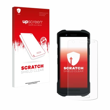 Face avant d’un emballage produit avec le logo de la marque upscreen. À côté, l’appareil Zebra TC26 est représenté avec la pro