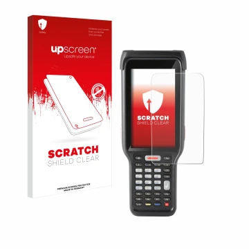 Face avant d’un emballage produit avec le logo de la marque upscreen. À côté, l’appareil Honeywell ScanPal EDA61K est représen