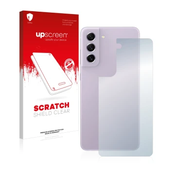 Face avant d’un emballage produit avec le logo de la marque upscreen. À côté, l’appareil Samsung Galaxy S21 FE 5G (Arrière) es