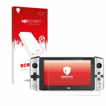Face avant d’un emballage produit avec le logo de la marque upscreen. À côté, l’appareil GPD Win 3 est représenté avec la prot