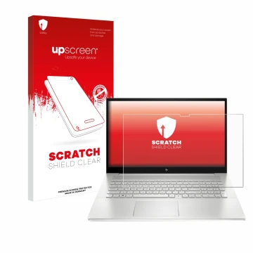 Face avant d’un emballage produit avec le logo de la marque upscreen. À côté, l’appareil HP Envy 17-cX est représenté avec la 