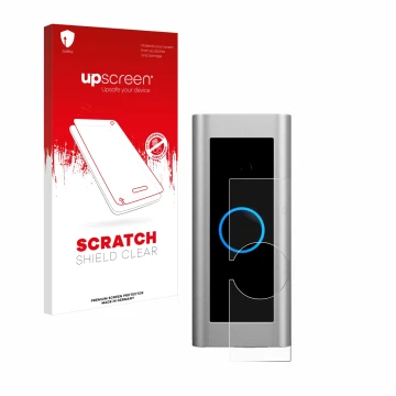 Face avant d’un emballage produit avec le logo de la marque upscreen. À côté, l’appareil Ring Video Doorbell Pro 2 est représe