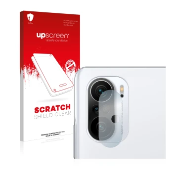 Face avant d’un emballage produit avec le logo de la marque upscreen. À côté, l’appareil Xiaomi Poco F3 (Caméra UNIQUEMENT) es