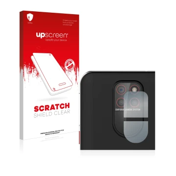 Face avant d’un emballage produit avec le logo de la marque upscreen. À côté, l’appareil Emporia Smart 5 (Caméra UNIQUEMENT) e