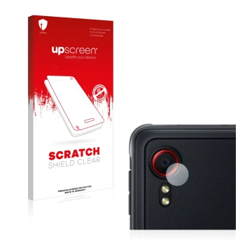 Face avant d’un emballage produit avec le logo de la marque upscreen. À côté, l’appareil Samsung Galaxy XCover 5 (Caméra UNIQU