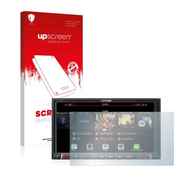 Face avant d’un emballage produit avec le logo de la marque upscreen. À côté, l’appareil Alpine iLX-702D est représenté avec l