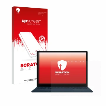 Face avant d’un emballage produit avec le logo de la marque upscreen. À côté, l’appareil Microsoft Surface Laptop 4 13.5