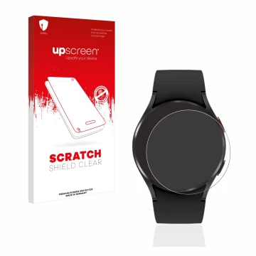 Face avant d’un emballage produit avec le logo de la marque upscreen. À côté, l’appareil Samsung Galaxy Watch 4 (40mm) est rep