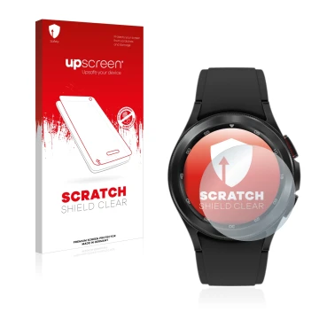Face avant d’un emballage produit avec le logo de la marque upscreen. À côté, l’appareil Samsung Galaxy Watch 4 Classic (42mm)