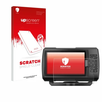 Face avant d’un emballage produit avec le logo de la marque upscreen. À côté, l’appareil Garmin Striker Vivid 7cv est représen